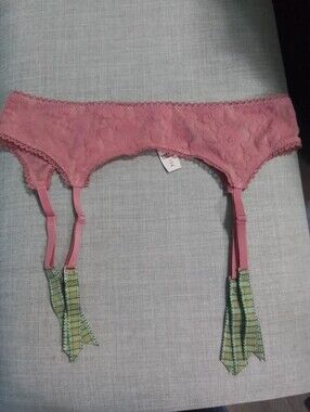 Victorias Secret Pink Lace Garter Belt with Plaid Bow Accents